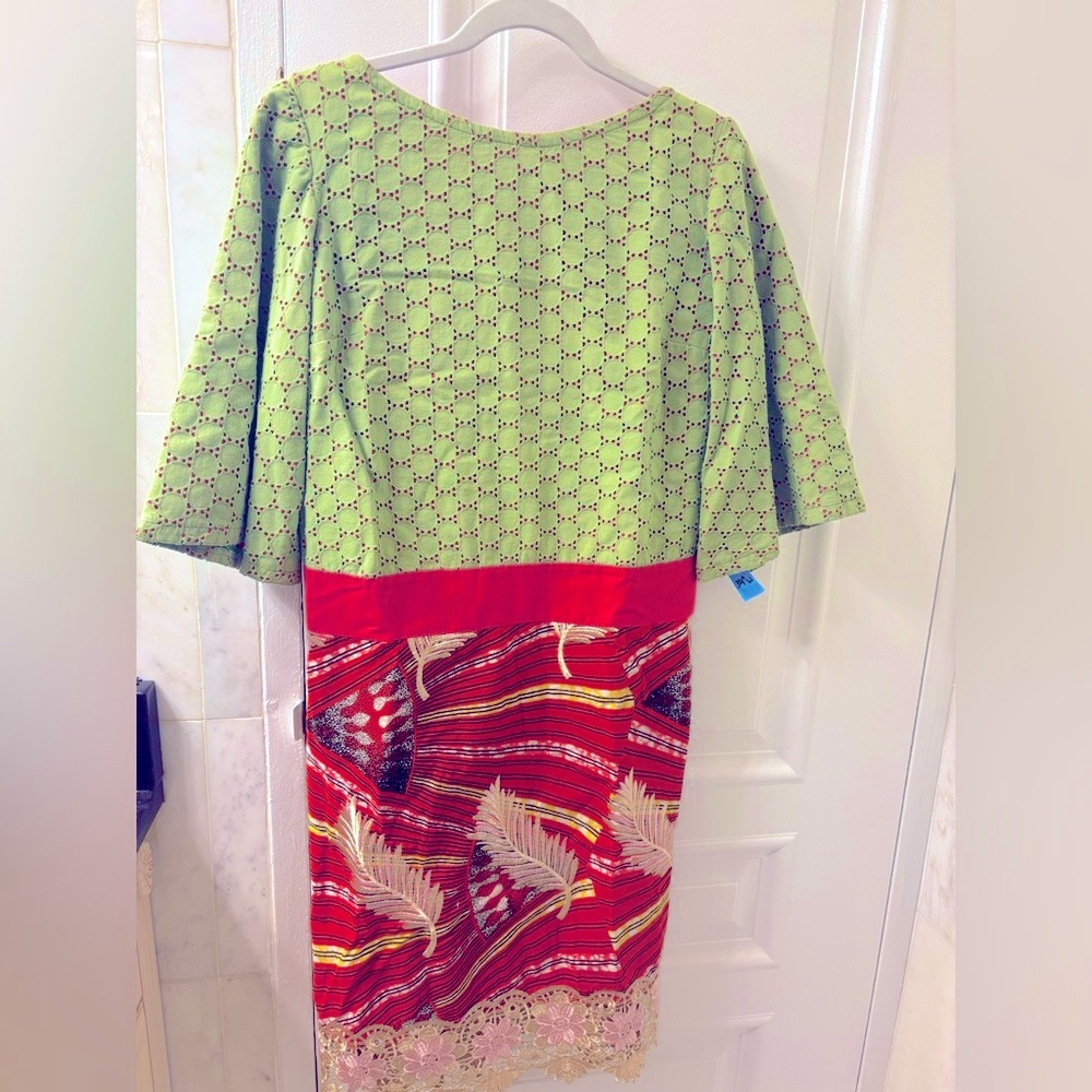 Handmade Sage Green & Bright Red Patterned Dress